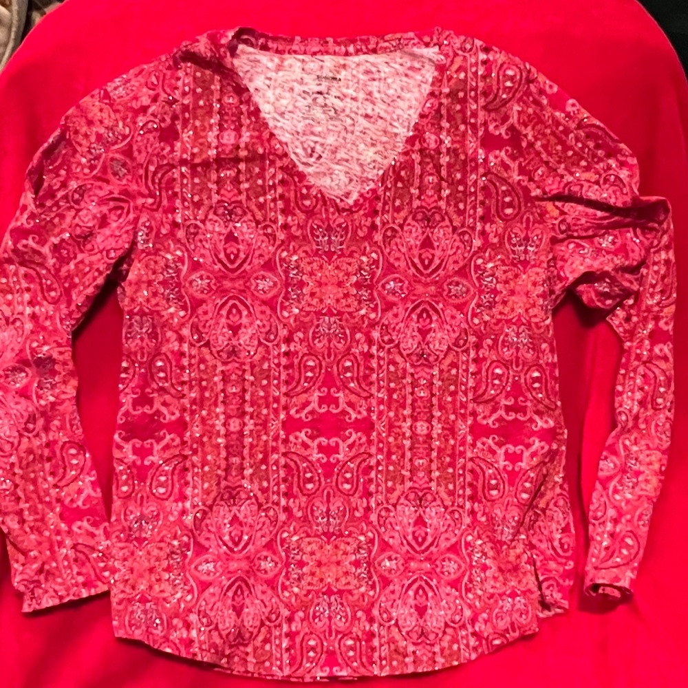 Sonoma XL women’s shirt red with paisley design with silver accents.